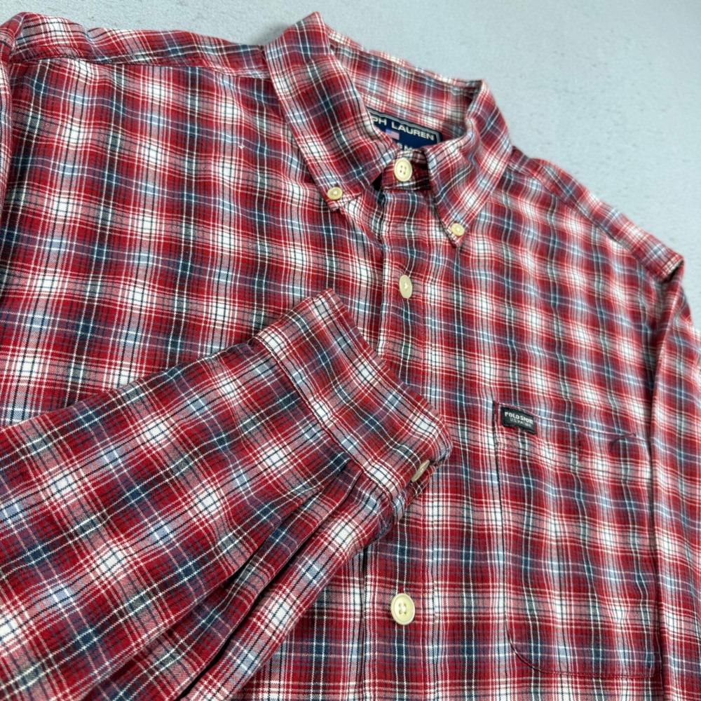 Ralph Lauren Sportsman Men Medium Red Plaid Cotton Button Down Long Sleeve Shirt